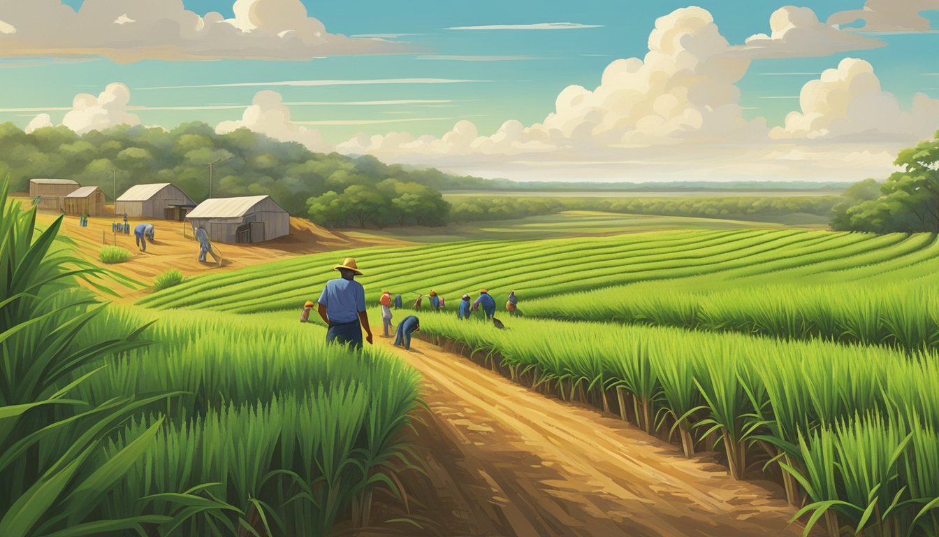 Lush sugarcane fields stretch across the Texas landscape, with workers tending to the crops under the warm sun