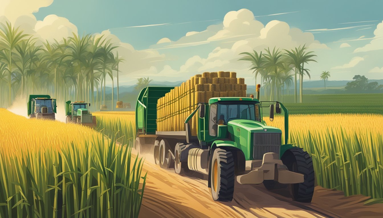 A vast sugarcane field in Texas, with workers harvesting and processing the crop. Trucks loaded with sugarcane driving through the rural landscape