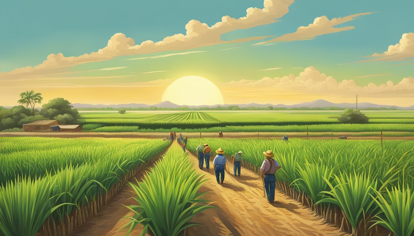 Sugarcane fields stretch across the Texas landscape, with workers tending to the crops under the hot sun