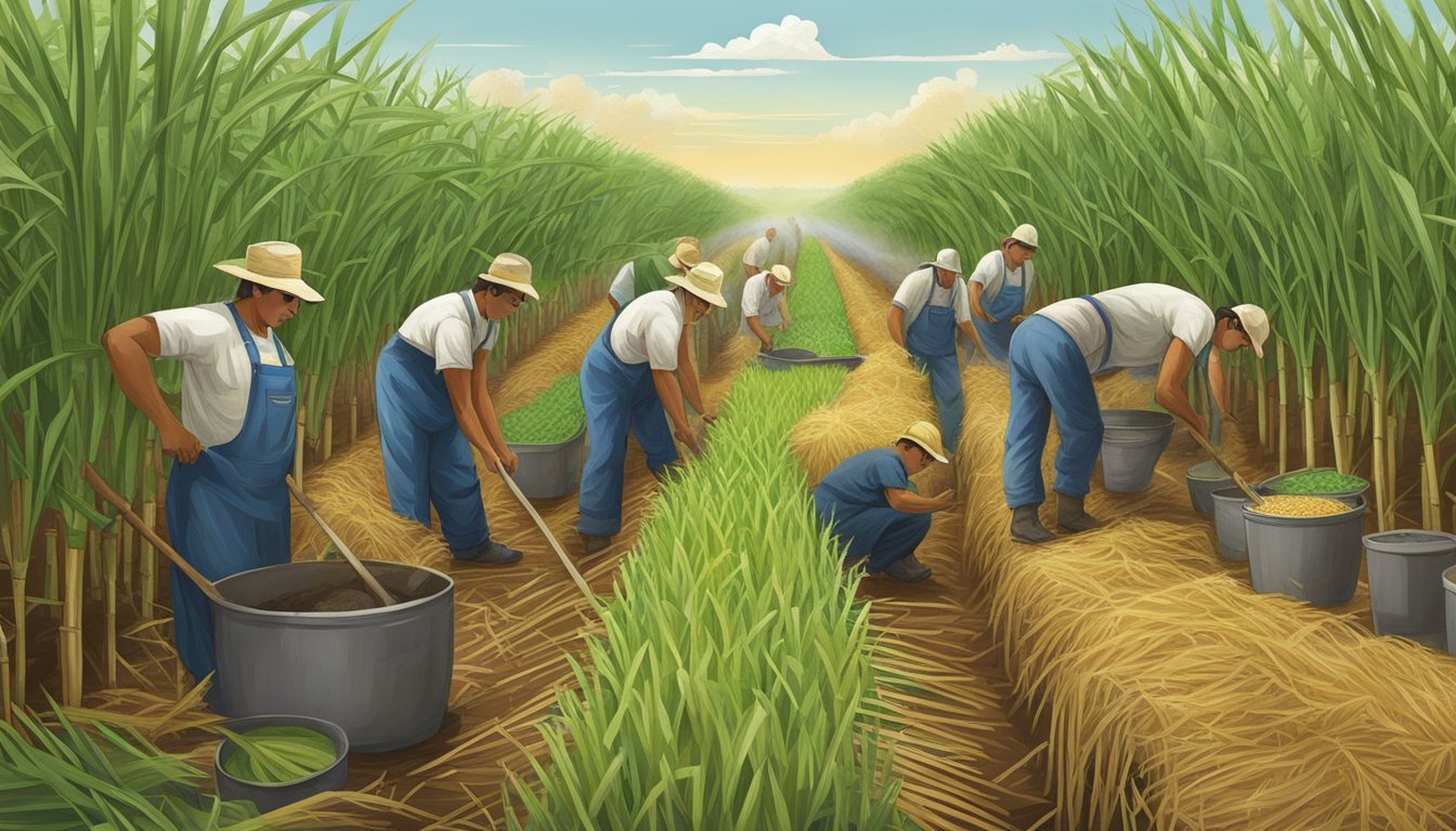 Sugarcane fields in Texas, with workers processing and refining the food staples, creating various byproducts