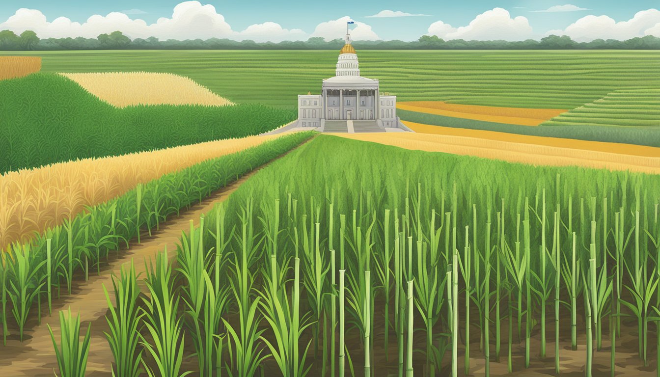 Sugarcane fields in Texas with a backdrop of legislative documents and regulatory signs