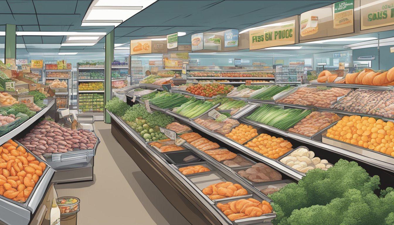 A bustling Texas grocery store aisle lined with fresh seafood and meats, including a variety of Asian produce