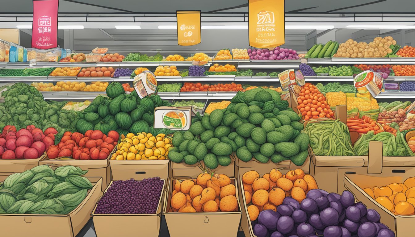 Brightly colored Asian produce displayed alongside ready-to-eat meals in a bustling Texas grocery store