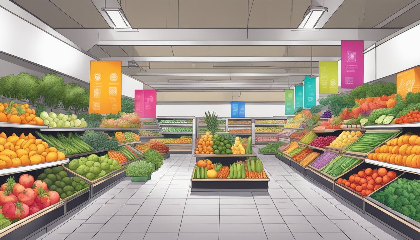 Vibrant array of exotic fruits and vegetables line the aisles, with colorful signage and aromatic herbs creating a sensory-rich shopping experience