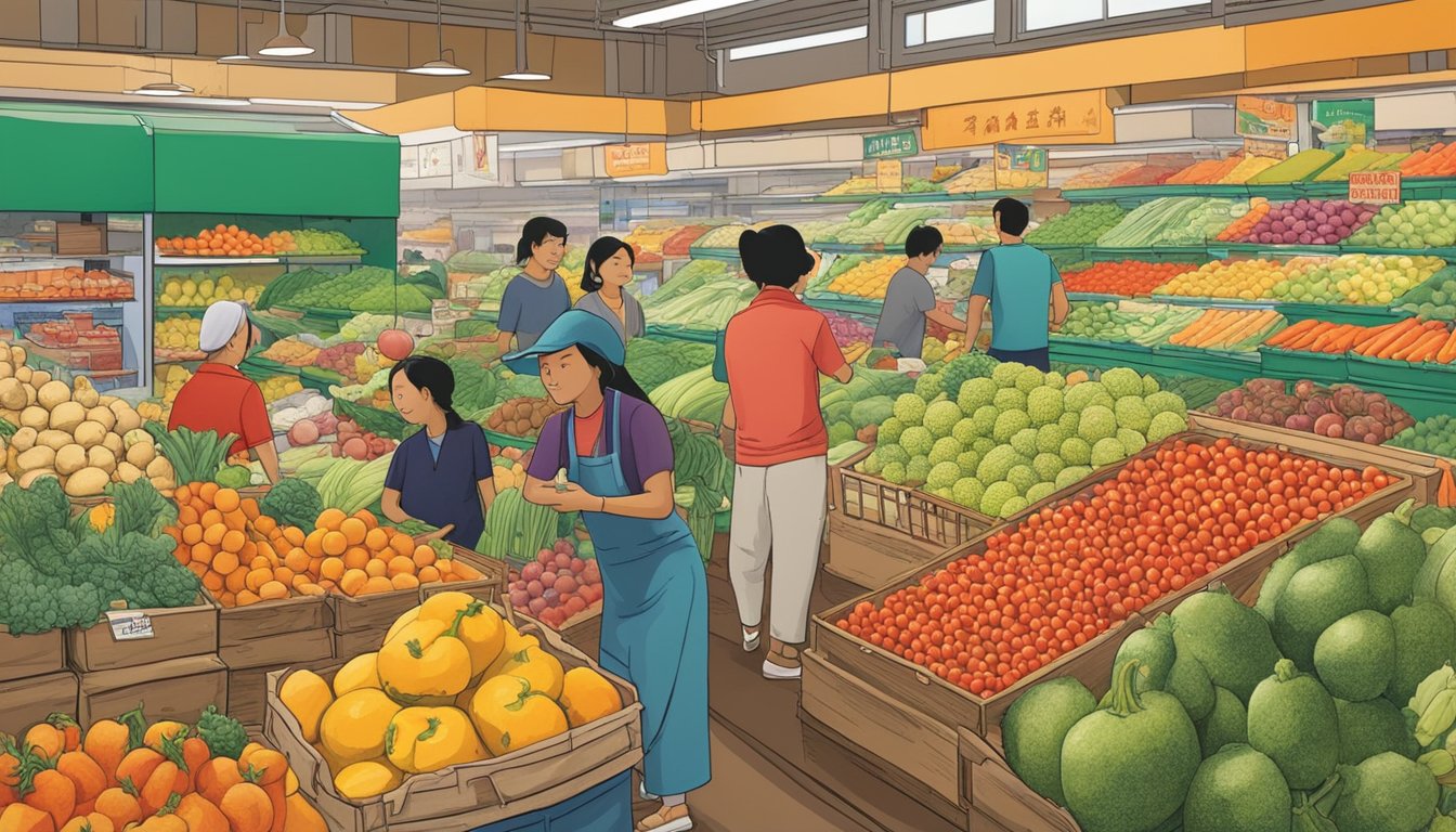 A bustling Asian produce market in Texas, filled with vibrant colors and exotic fruits and vegetables. Customers explore the aisles, discovering the cultural significance and culinary traditions behind each unique item