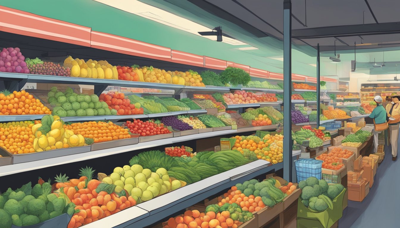 A bustling Asian market in Texas, with colorful produce stacked neatly on shelves. Customers browse exotic fruits and vegetables, while staff restock shelves