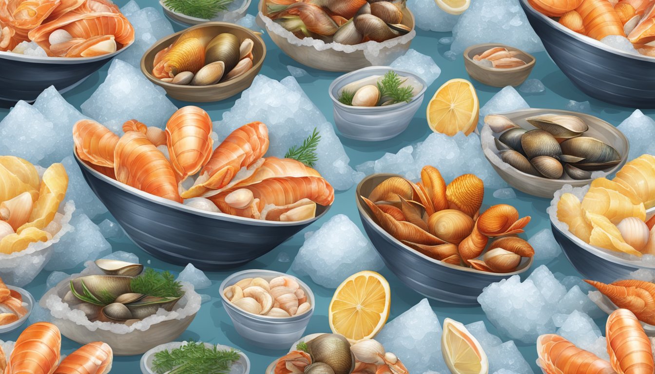 A colorful spread of fresh shellfish displayed on a bed of ice at a bustling Texas seafood market