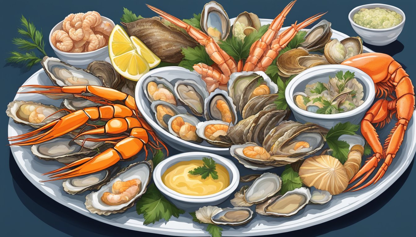 A variety of Texas shellfish, including oysters, crabs, and shrimp, are arranged on a vibrant seafood platter