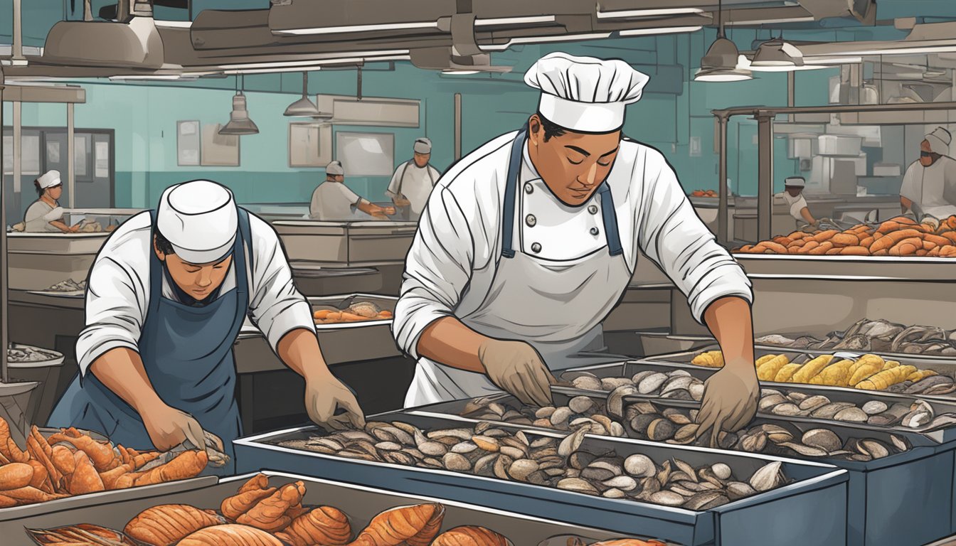 A person wearing a chef's hat selects and cleans shellfish at a seafood market in Texas