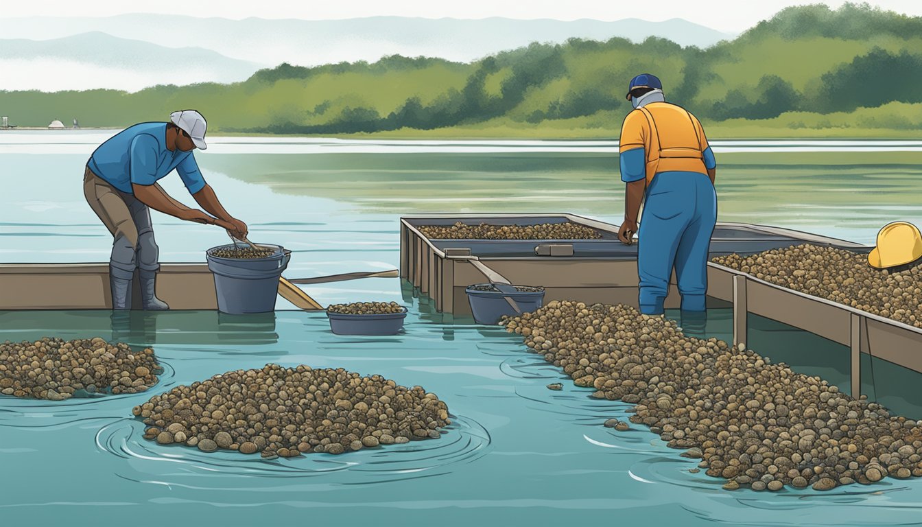 A person harvesting shellfish from a coastal aquaculture farm in Texas