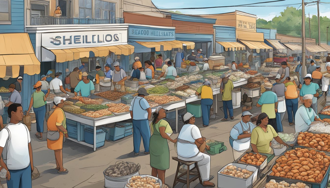 A bustling seafood market with vendors selling fresh shellfish in Texas