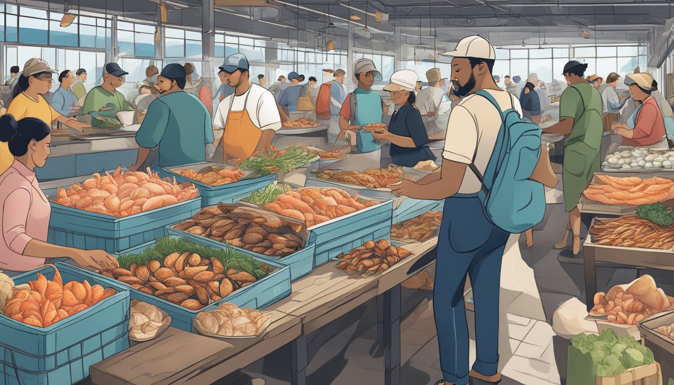 A bustling seafood market in Texas, with people enjoying fresh shellfish dishes while surrounded by sustainable packaging and eco-friendly practices