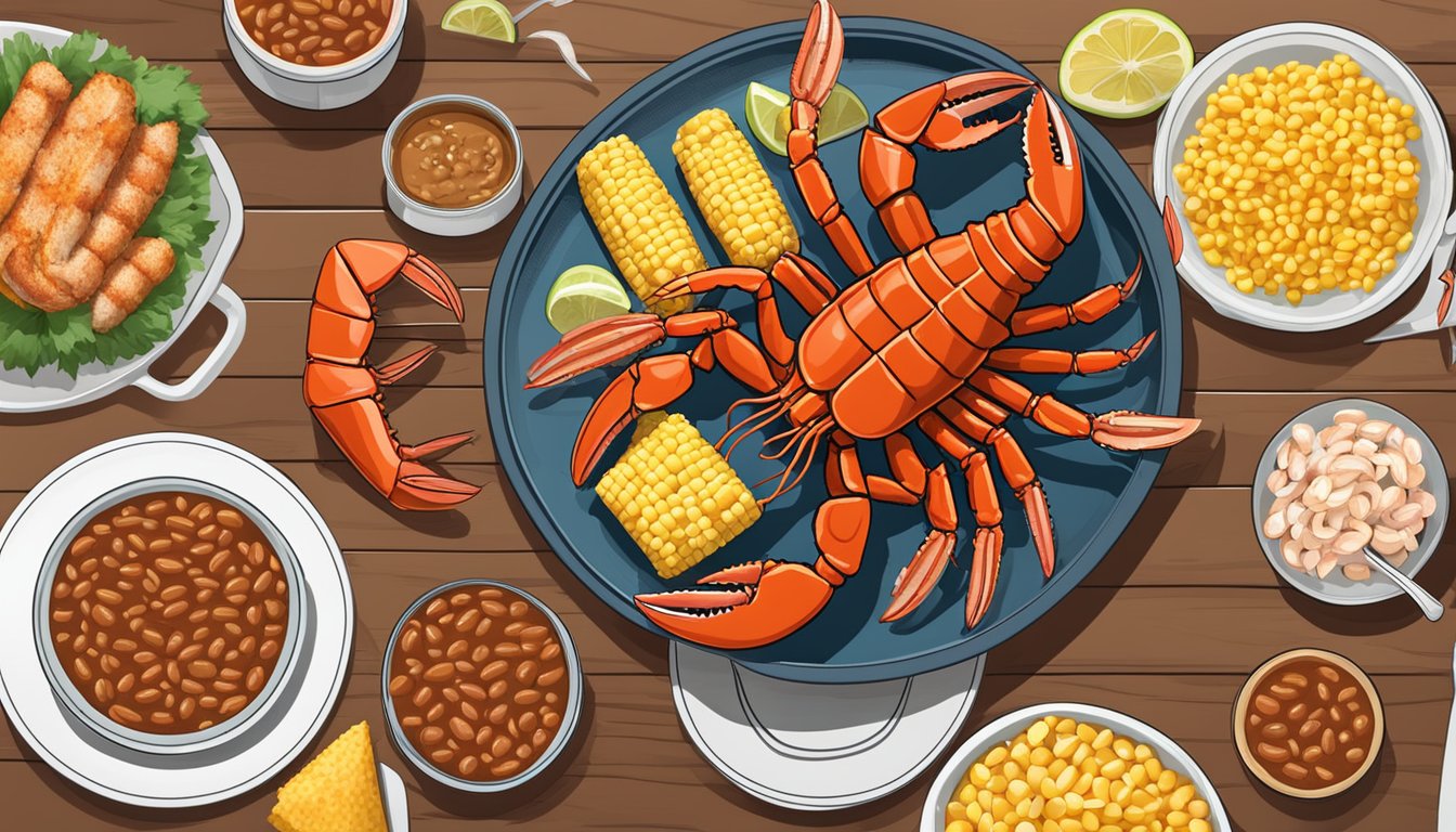 A Texan BBQ spread with grilled lobster, shrimp, and crab legs, surrounded by corn on the cob and baked beans