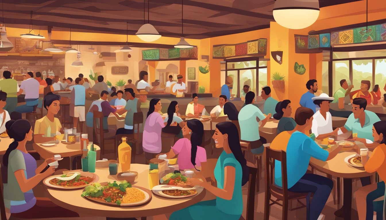 A bustling Mexican restaurant with colorful decor and sizzling plates of Tex-Mex dishes being served to happy patrons