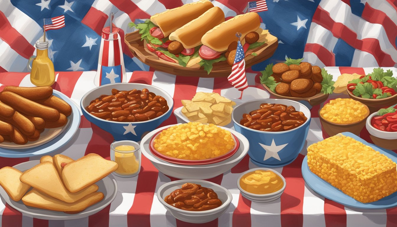 A picnic table with chili dogs, cornbread, and other Texas foods, surrounded by festive decorations for a Fourth of July celebration