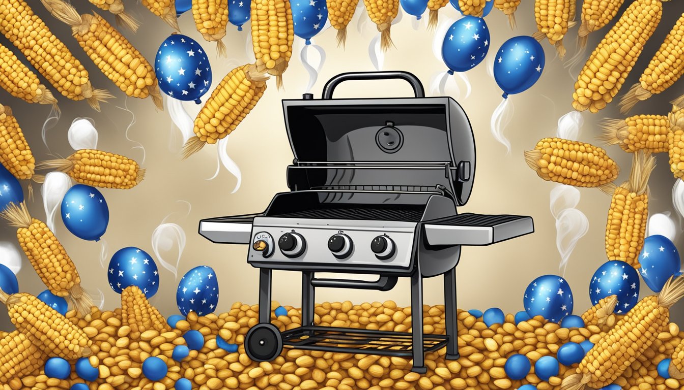 A grill with rows of golden corn cobs, smoke rising, surrounded by Texas-themed decorations for a Fourth of July celebration