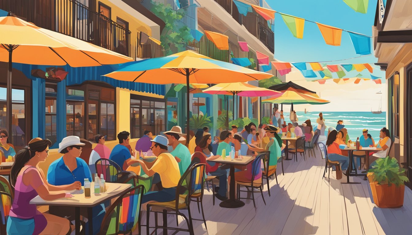 A bustling Tex-Mex restaurant with a vibrant outdoor seating area facing the Galveston seawall, surrounded by colorful umbrellas and lively music