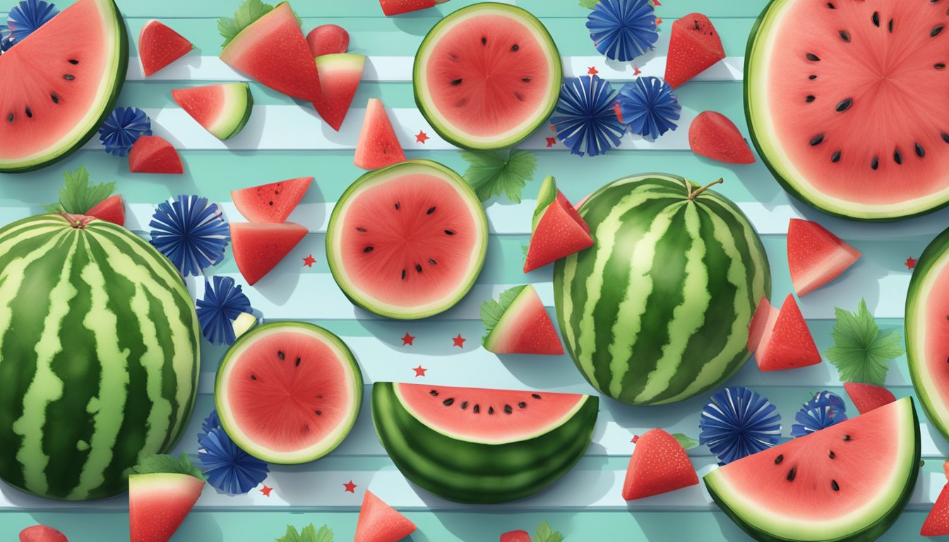 A picnic table adorned with red and green watermelon slices, surrounded by festive Fourth of July decorations