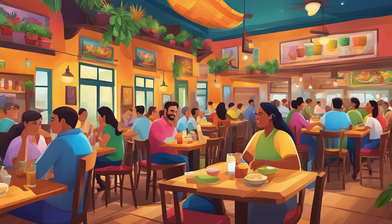 A colorful and bustling Tex-Mex restaurant with vibrant decor and a lively atmosphere, filled with delicious aromas and happy diners enjoying their meals