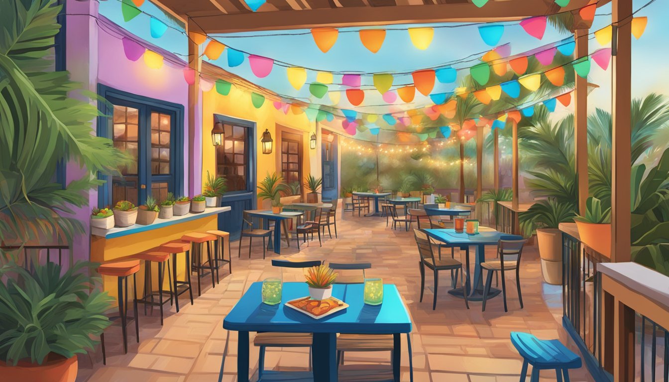 A colorful outdoor patio with festive string lights and tables set with Tex Mex dishes at the Mosquito Café in Galveston