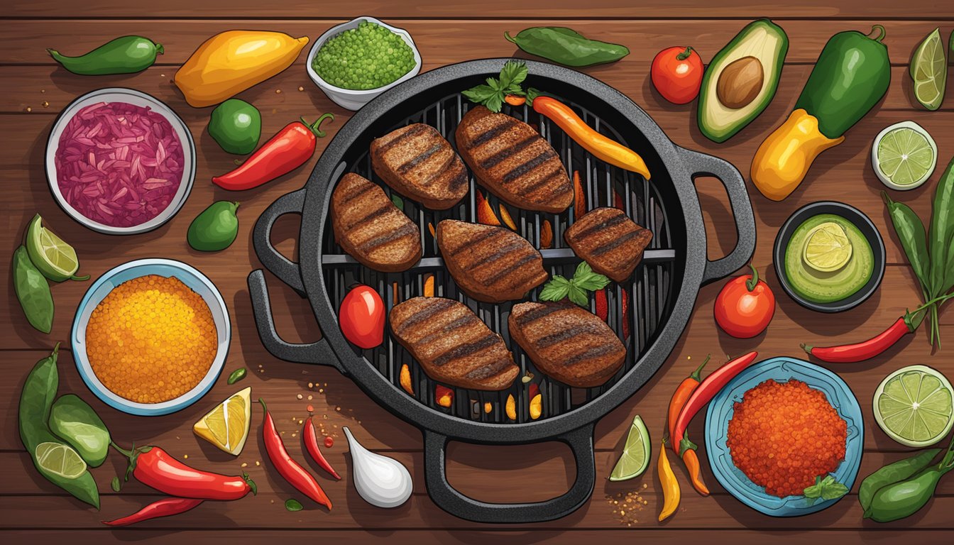 A sizzling cast iron grill surrounded by colorful Tex-Mex ingredients and spices