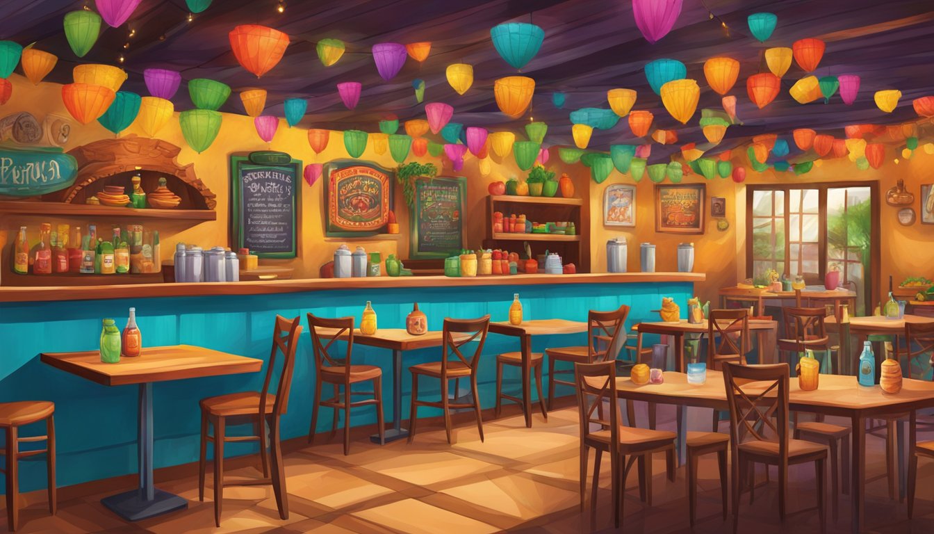 A vibrant Tex-Mex cantina with colorful decor, festive atmosphere, and delicious food