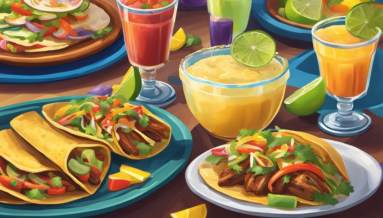 A bustling Tex-Mex café with vibrant decor, sizzling fajitas, and colorful margaritas served in festive glasses