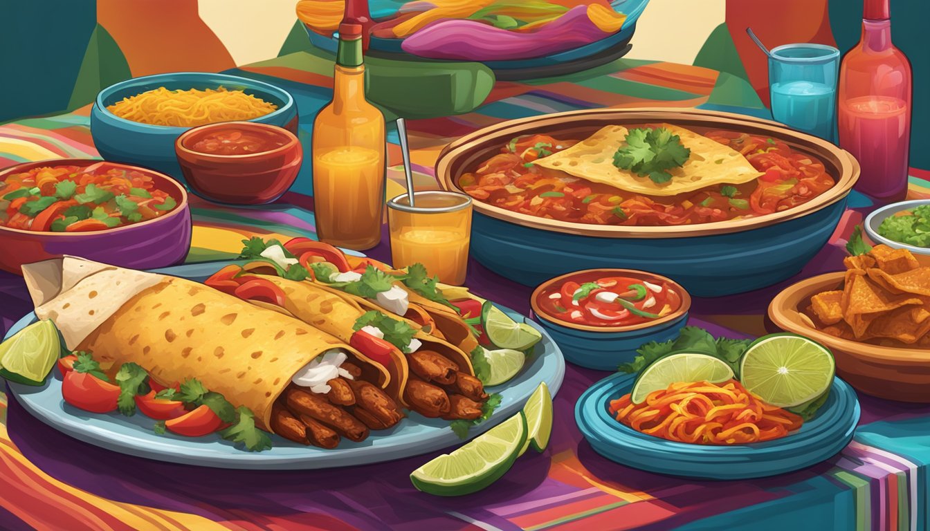 A vibrant Tex-Mex restaurant with colorful decor, sizzling fajitas, and mouthwatering enchiladas served on festive plates