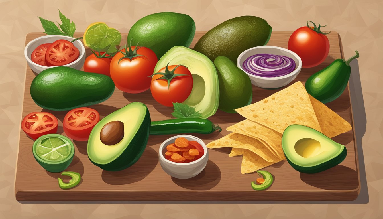 A colorful spread of Tex-Mex ingredients, including avocados, tomatoes, jalapenos, and tortilla chips, arranged on a wooden cutting board