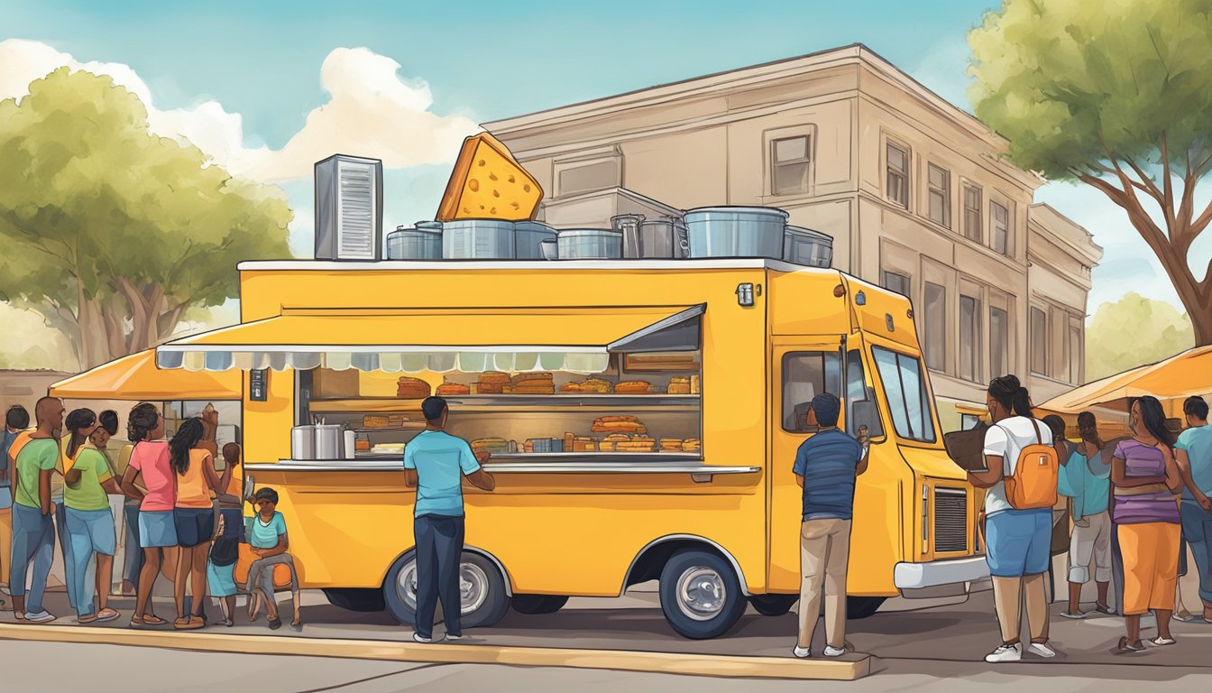 A vibrant food truck surrounded by eager customers in Lubbock, Texas, serving up delicious grilled cheese sandwiches