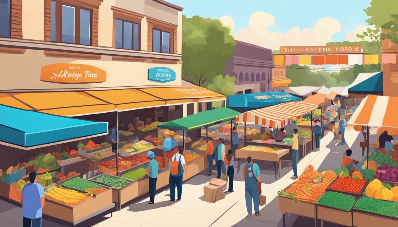 A bustling Texas food market with vendors selling locally sourced goods under colorful awnings. Busy shoppers browse the fresh produce and artisanal products