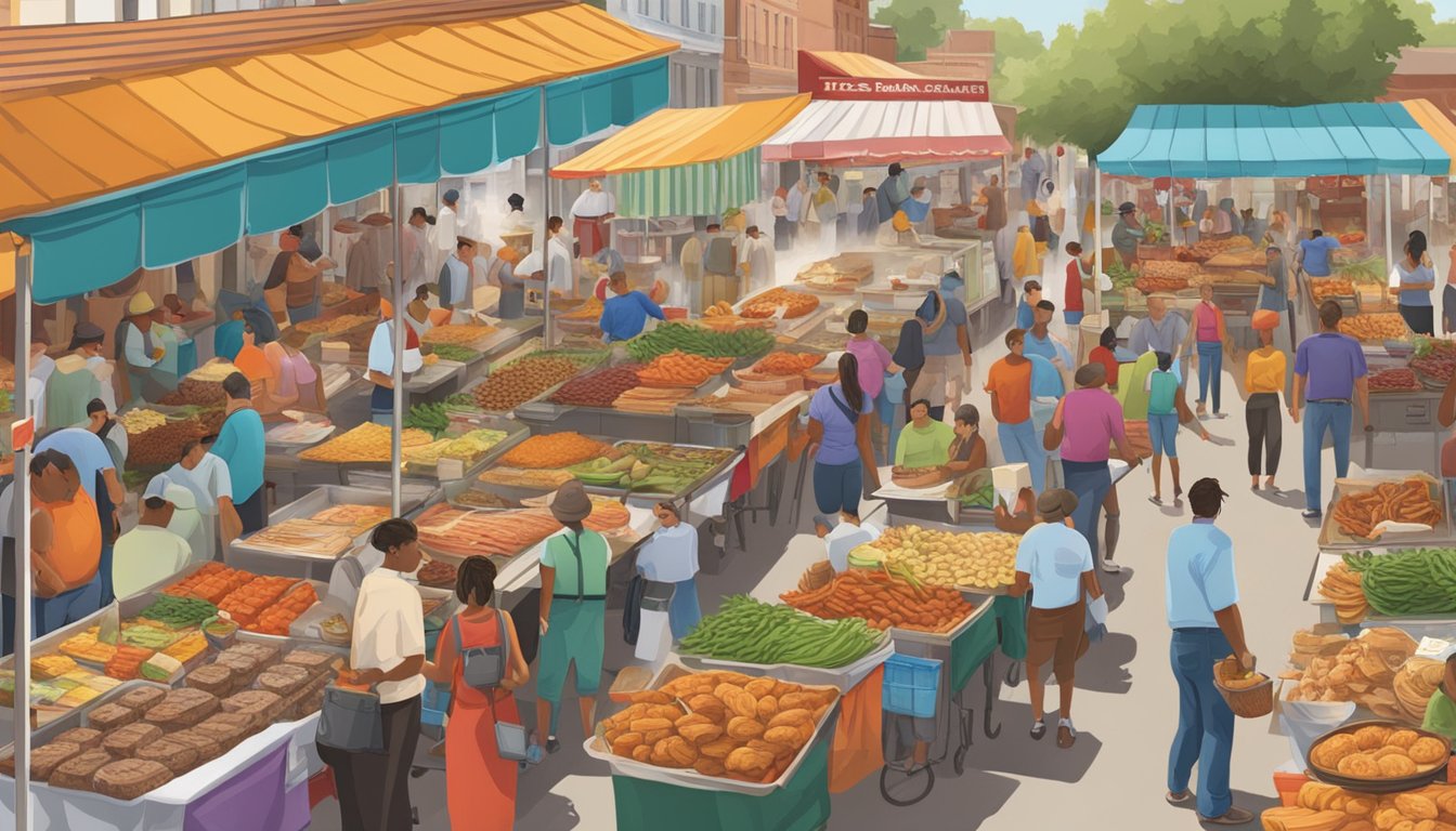 A bustling market scene with colorful stalls selling a variety of local Texas foods, including barbecue, Tex-Mex, and southern comfort dishes