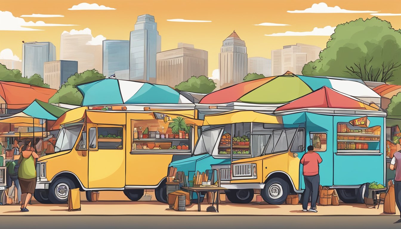 A bustling food truck festival in Lubbock, Texas, with colorful trucks serving up delicious Chilito Pikin and other top Texas cuisine