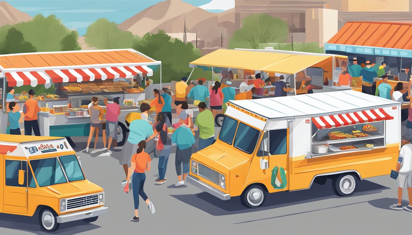 A bustling food truck festival in El Paso, Texas, with colorful trucks serving up a variety of mouthwatering Texas cuisine