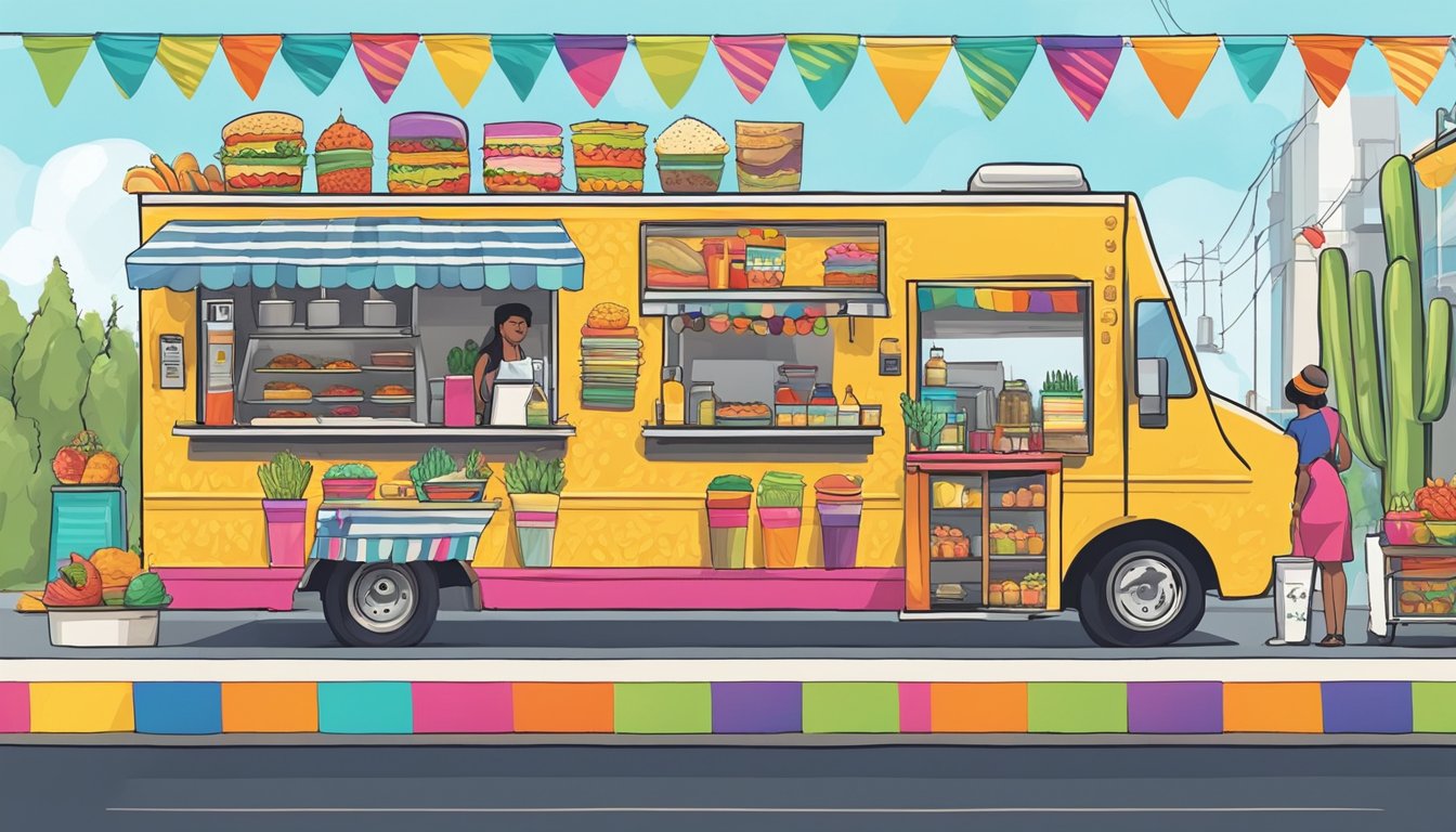 A vibrant food truck with colorful decorations and a line of hungry customers eagerly waiting to order their favorite Texas-Mexican dishes