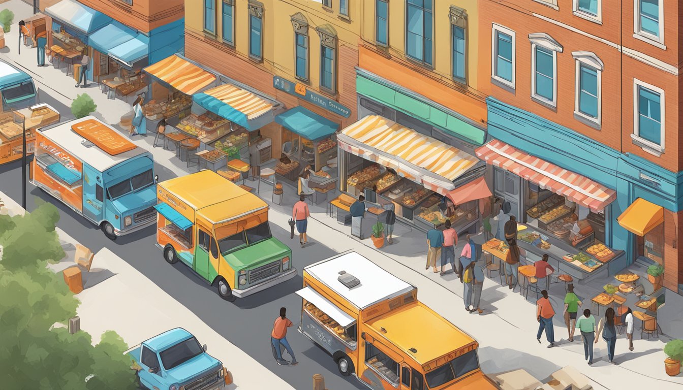 A bustling street scene with colorful food trucks lined up, serving a variety of Texas cuisine in El Paso