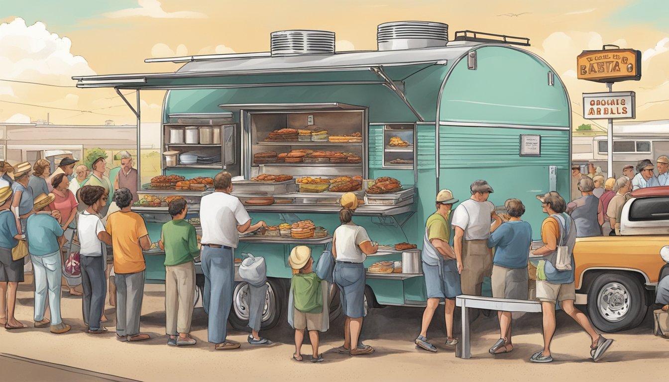 A bustling BBQ trailer surrounded by hungry customers in Lubbock, Texas. The aroma of smoked meats fills the air as people line up for the top-rated Texas cuisine