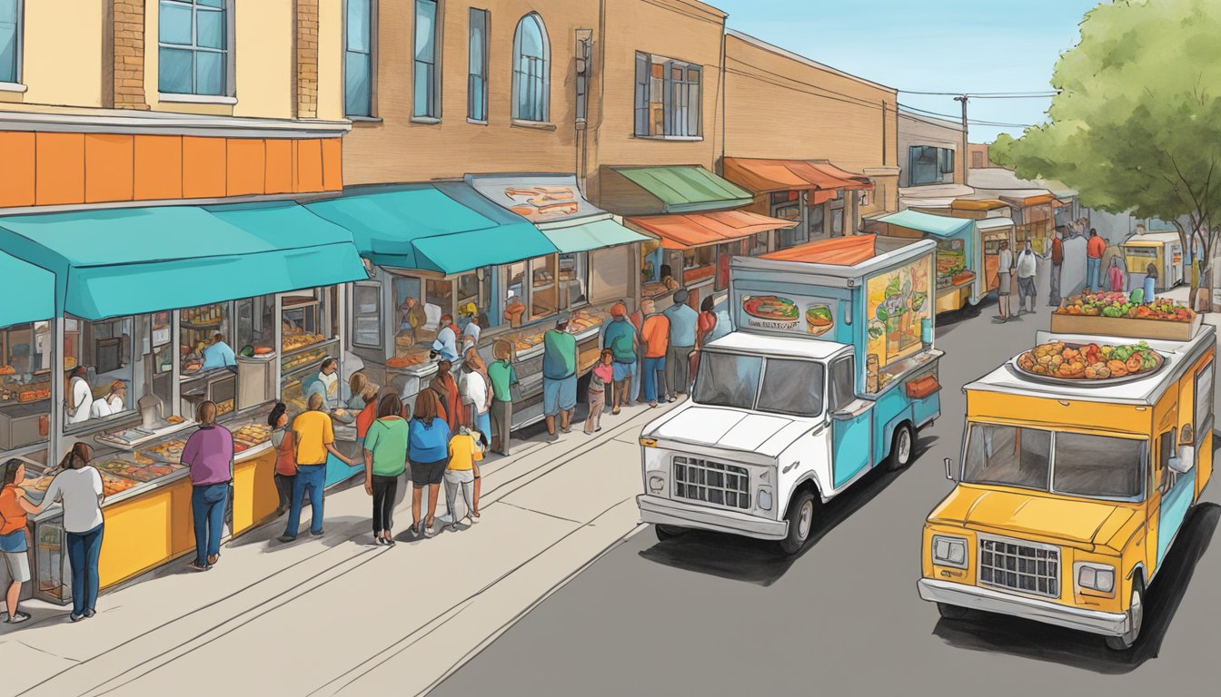 A bustling street lined with colorful food trucks serving up Texas favorites in Lubbock. A line of hungry customers eagerly waits for their orders