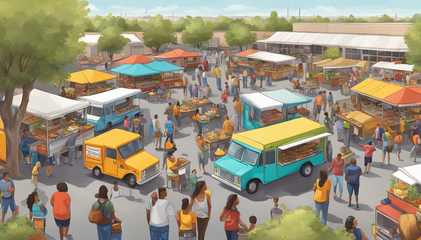 A bustling food truck park with colorful trucks serving Tex-Mex and BBQ to a diverse crowd in Lubbock, Texas