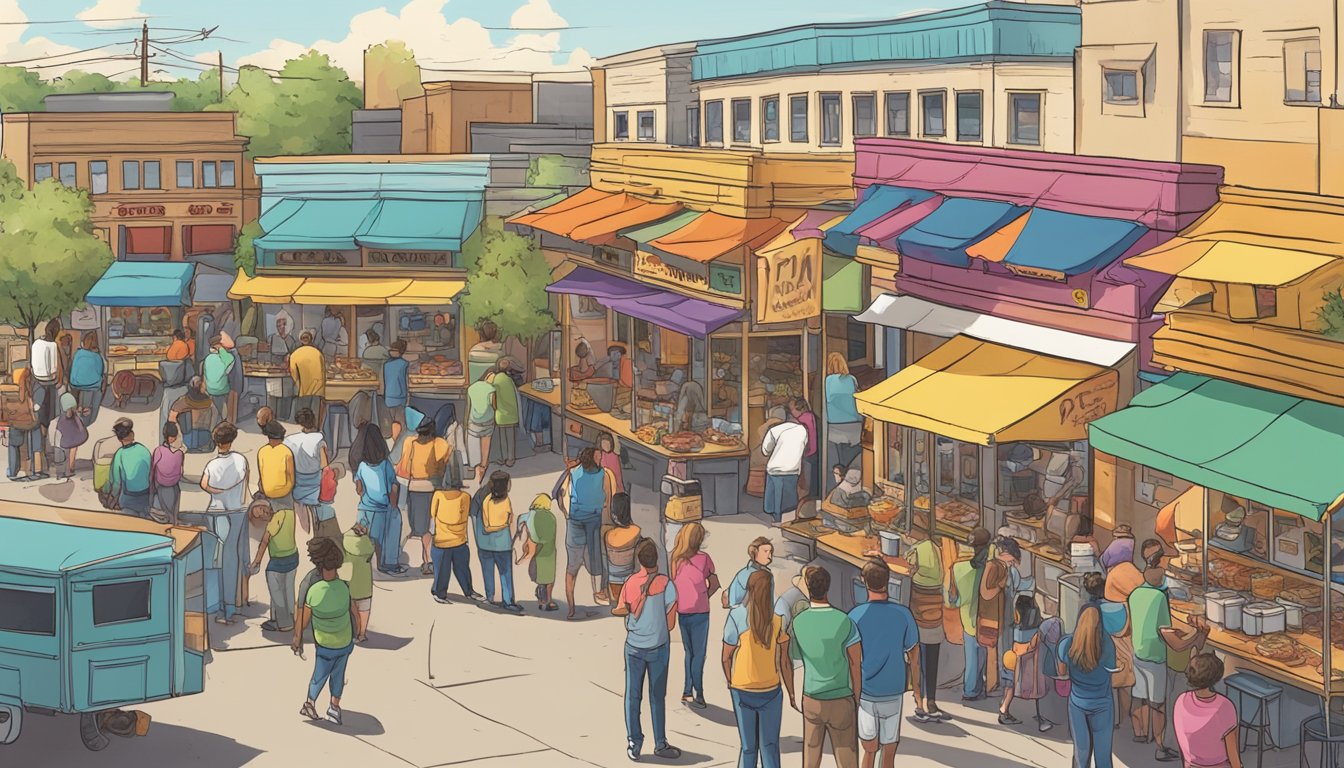 A bustling street with colorful food trucks serving up delicious Texas cuisine in Lubbock. Customers line up eagerly for Jonny Taco's famous dishes