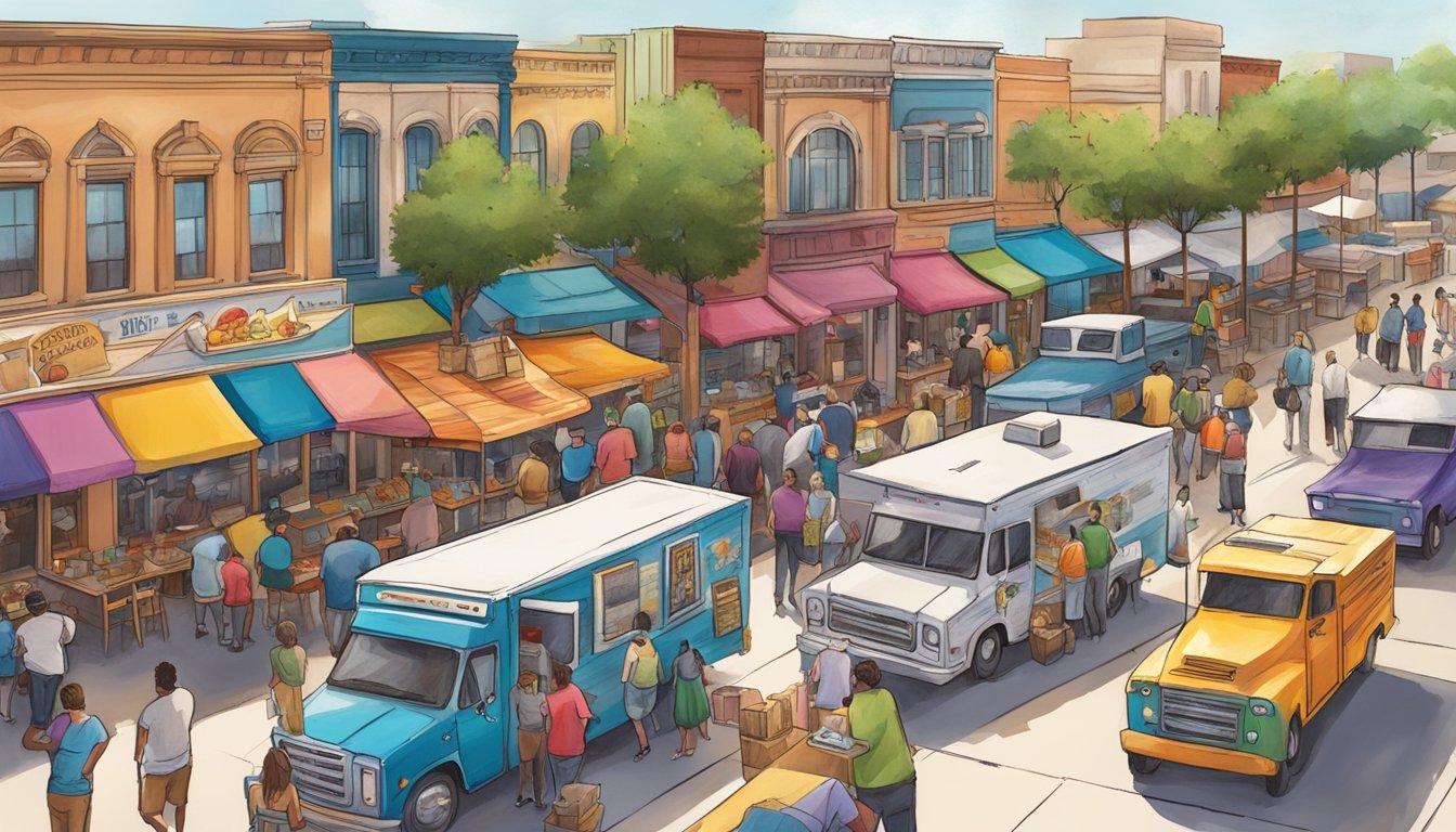 A bustling street lined with colorful food trucks serving up a variety of Texas cuisine in Lubbock. Customers gather around, enjoying the lively atmosphere and delicious eats