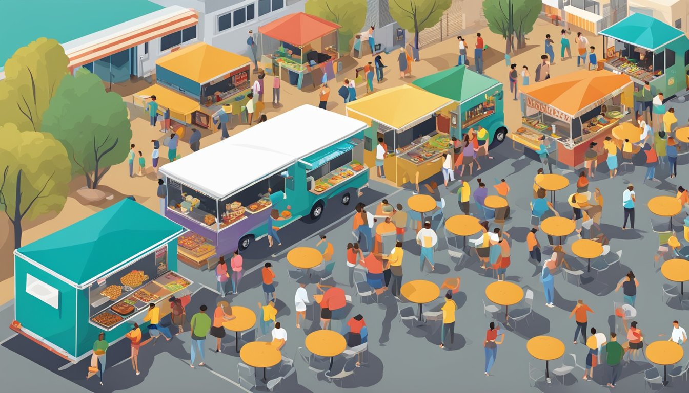 A bustling food truck park in El Paso, Texas, with colorful trucks lined up and a lively crowd enjoying a variety of delicious dishes