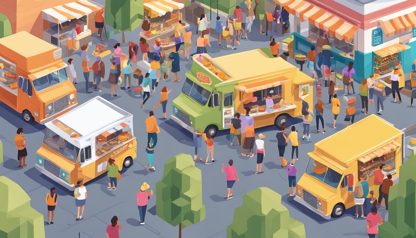 A bustling food truck festival with colorful trucks and a crowd of people sampling delicious Texas treats at the Street Sweets Bakery