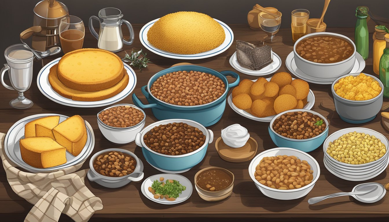 A table set with traditional Texas New Year's Eve dishes, including black-eyed peas, cornbread, and barbecue