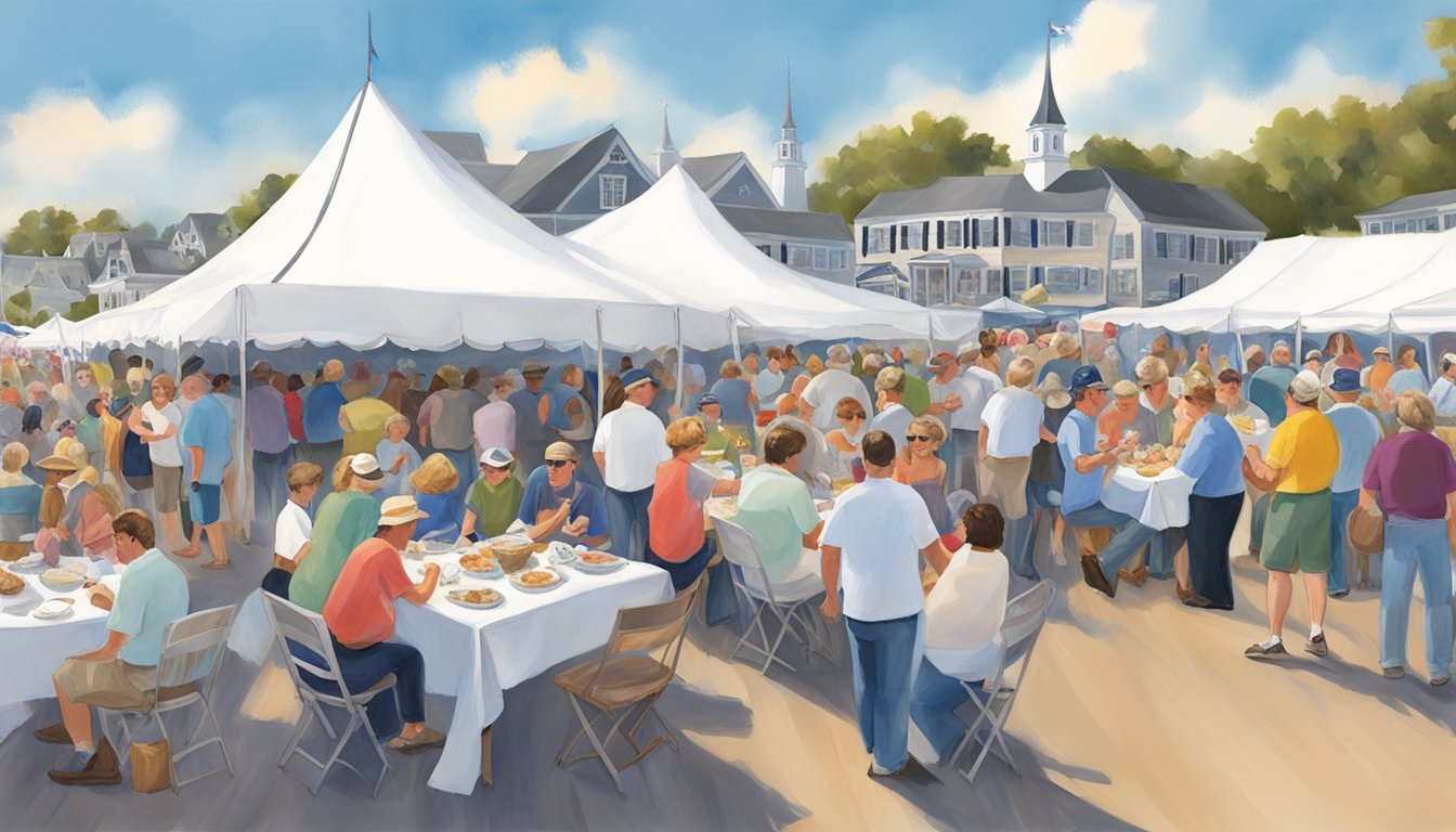 Crowds gather under white tents at Rockport-Fulton Oysterfest, indulging in a variety of seafood dishes. The air is filled with the aroma of freshly cooked oysters and the sound of cheerful conversation