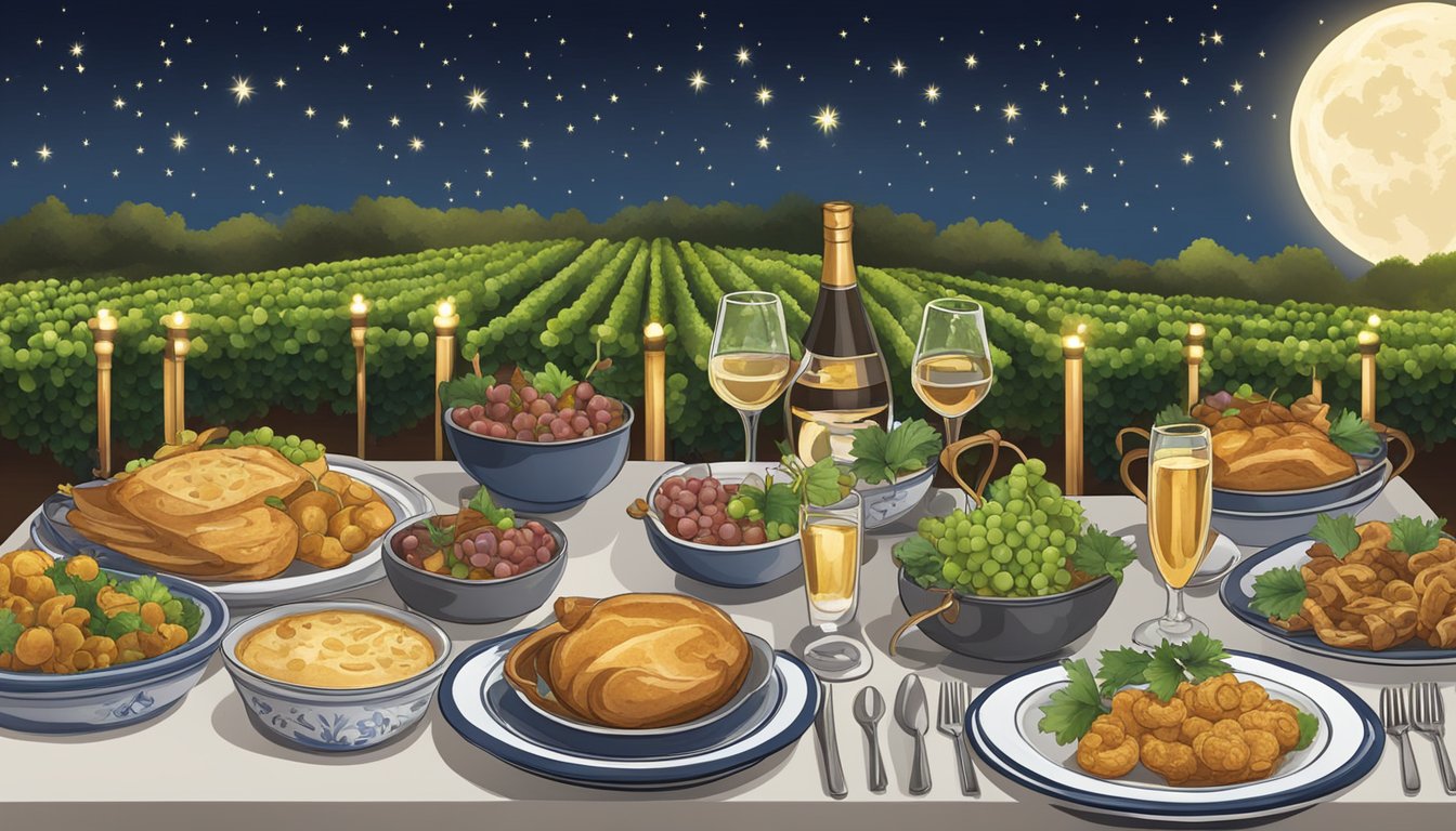 A table set with seven traditional Texas New Year's Eve dishes, surrounded by grapevines under a starry midnight sky