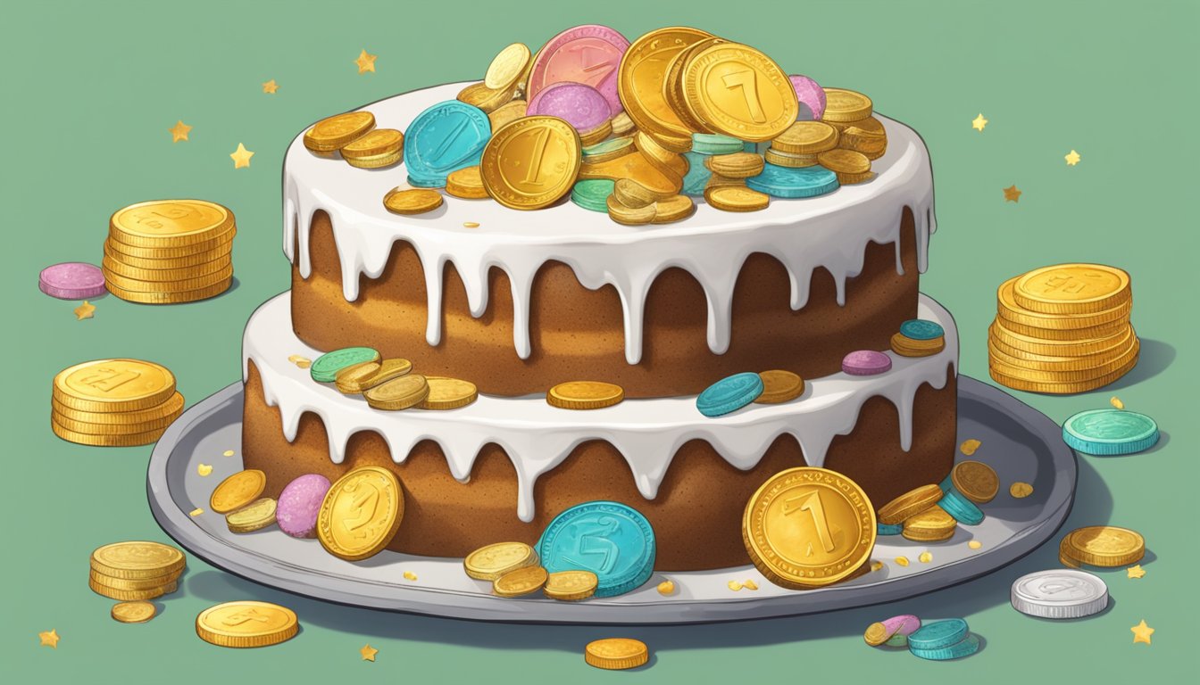 A festive cake with seven lucky coins baked inside, surrounded by Texas food traditions for New Year's Eve