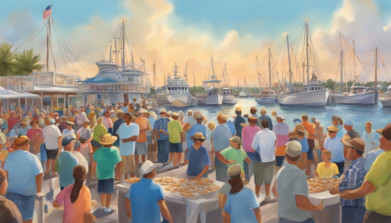 A lively scene at the Blessing of the Fleet in Kemah, Texas, with seafood vendors and festival-goers enjoying the festivities by the water