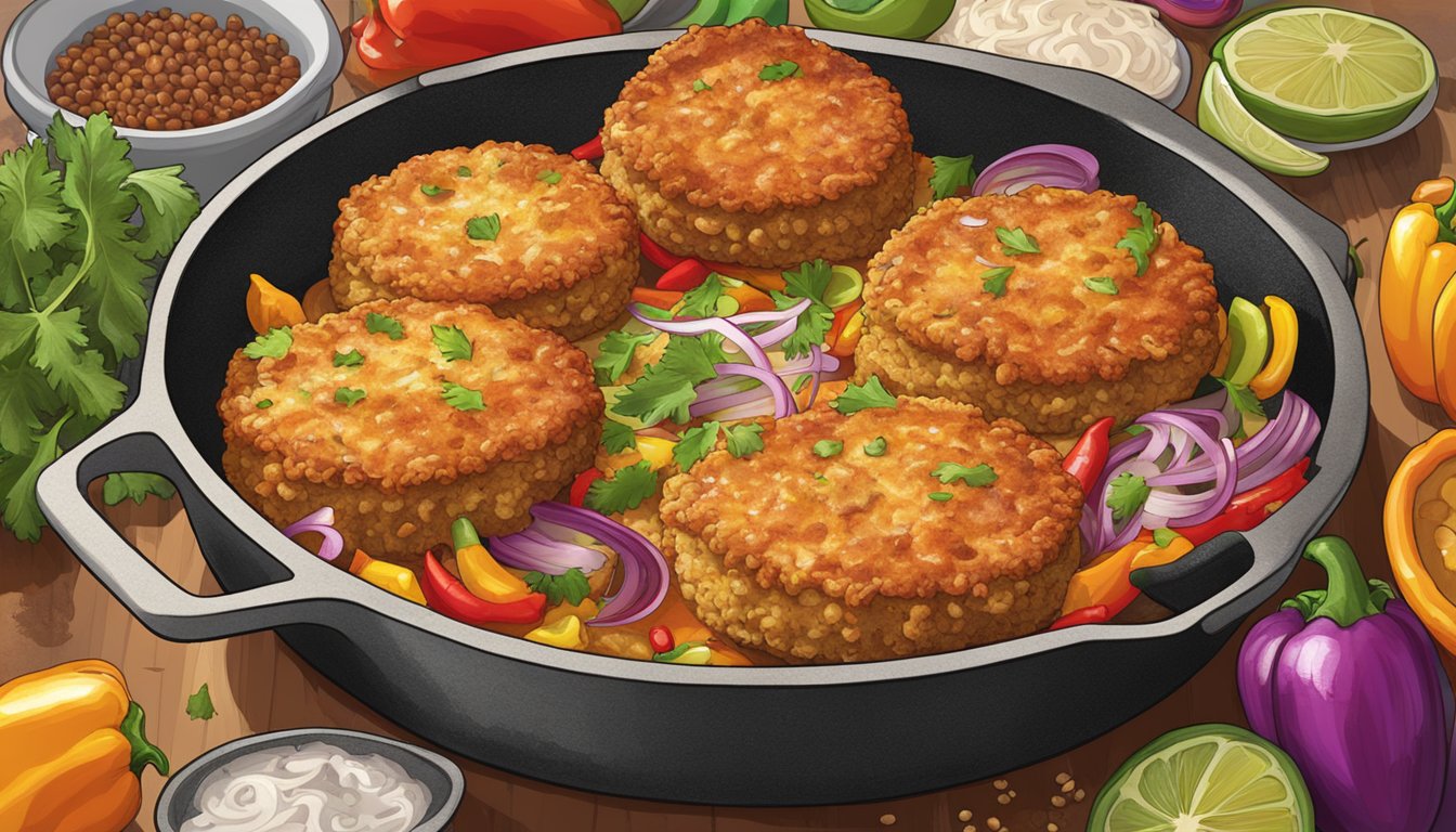 A Tex-Mex crab cake sizzling on a hot skillet, surrounded by colorful peppers, onions, and spices