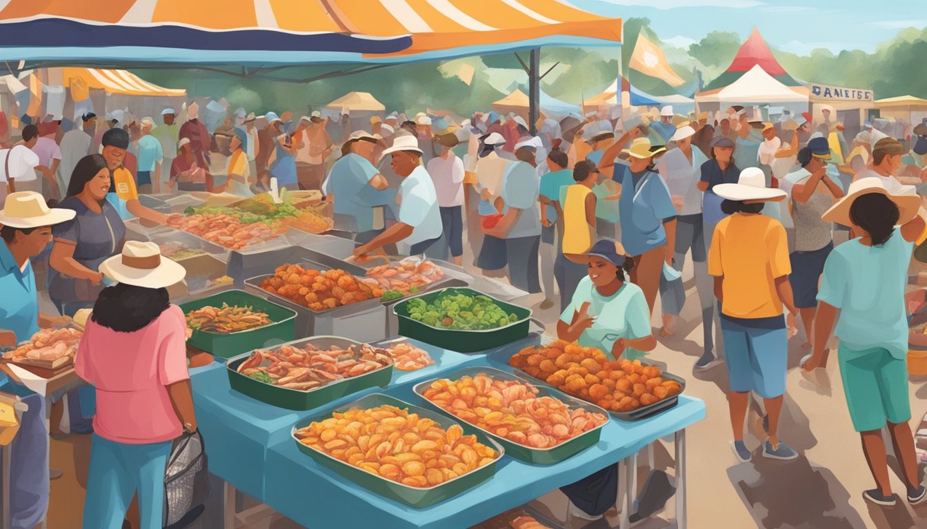 A bustling Texas Crab Festival with colorful seafood vendors and lively music